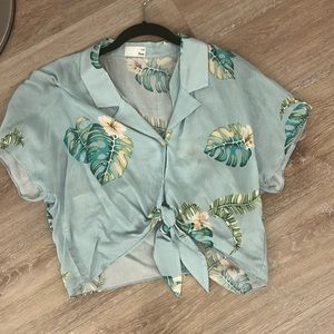 Wilfred Free Aritzia Blue Tropical Tie Front Crop Top Hawaiian Print S